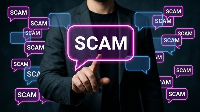 Business executive pointing at glowing digital scam alert message box with cybersecurity phishing deception identity protection internet business security computer confidential information