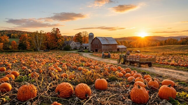Farmers harvesting vibrant orange pumpkins in a scenic rural field at golden hour with a classic farmhouse and silo under a warm autumn sunset sky background
