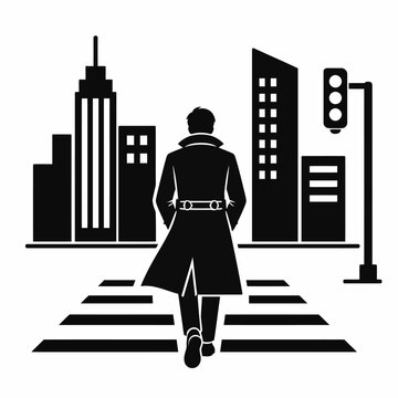 A man in a trench coat walking away on a crosswalk.