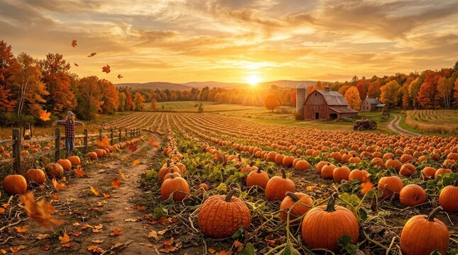 Vibrant pumpkin patch farm landscape at sunset featuring golden warm light rows of ripe orange gourds and a rustic red barn under a beautiful autumn sky scene