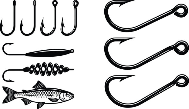 Fishing Hook and Tackle Collection Featuring Angling Equipment Bait Hook Designs and Freshwater Fish Vector Illustration