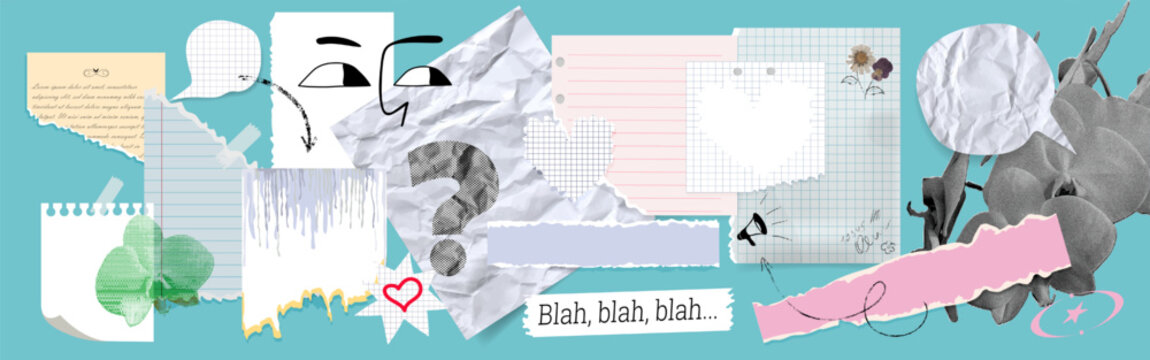 Funky Scrapbook collage composition torn paper pieces, crumpled paper textures, grid notebook paper, orchid, speech bubbles, arrows, decorative elements in vintage scrapbook style for y2k banners