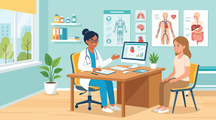 Fototapeta premium Vector illustration of doctor consulting with a patient in a medical office