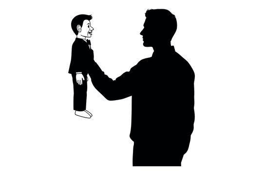 Puppet Master's Control: A silhouette of a man holds a small, suited puppet, symbolizing control, manipulation, and performance.