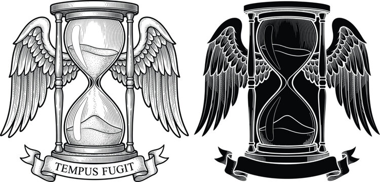 Winged Hourglass with Tempus Fugit Banner in Black and White Engraving Style for Tattoo or Memento Mori Symbol Design