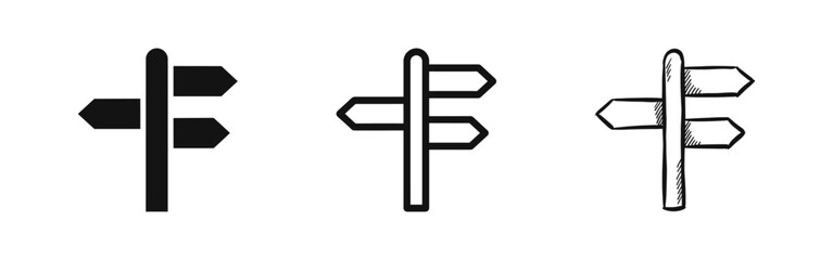 Directional signpost icons set, road sign choice symbol in flat, outline and hand drawn styles © drawing lines