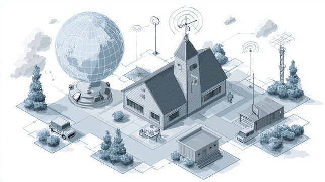 Stylized isometric illustration of wooden towered building and globe linked by wireless communication nodes