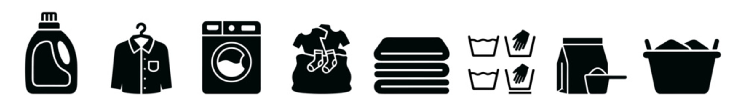 Laundry icons collection including detergent bottle, dress shirt, washing machine, laundry bag, folded towels, hand wash symbols, detergent powder