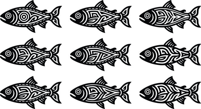 Tribal Fish Silhouette Icon Set Featuring Ethnic Aztec Geometric Ornaments and Polynesian Ocean Vector Illustrations