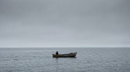Fototapeta premium Lone person in silhouette rowing an old wooden boat on calm grey sea under overcast sky, minimalist, atmospheric, isolated, contemplative mood.