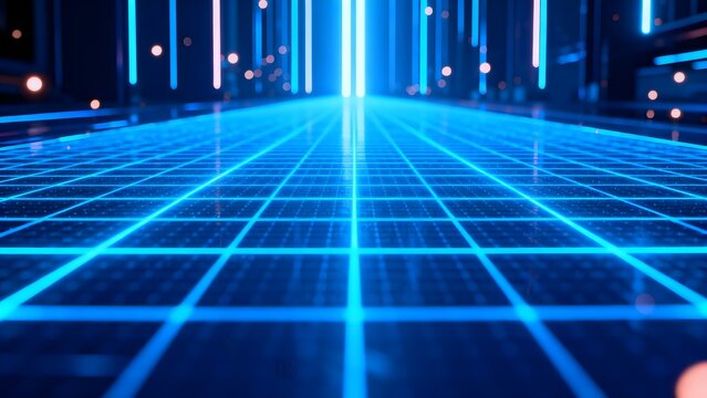 Futuristic grid corridor with glowing lines