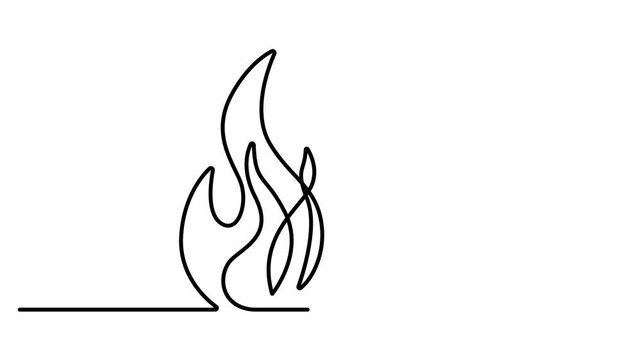 Animated self drawing of Continuous line drawing of fire flame isolated on white background. Full length one line animation. 4K video