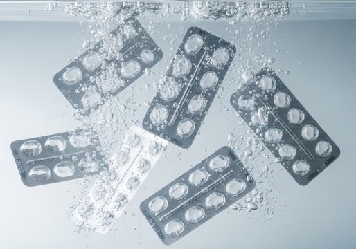 Pharmaceutical Blister Packs Submerged in Bubbling Water - Concept of Drug Solubility and Medical Waste