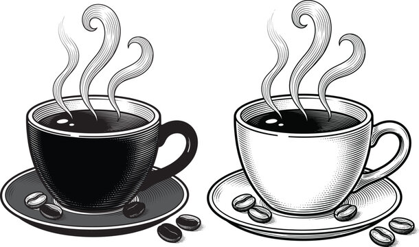Two Steaming Cups of Hot Coffee in Black and White Vector Illustration with Saucers and Beans for Cafe Menu or Breakfast Design