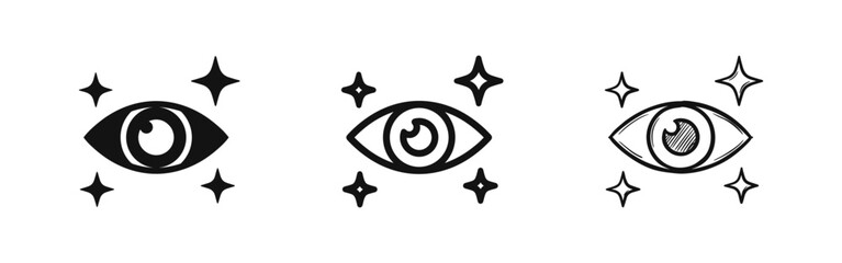Vision insight icon set, eye with stars symbol, observation and clarity icons, creative look and magic eye sign © drawing lines