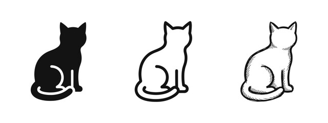 Cat pet icon set, sitting cat silhouette symbol, animal domestic feline icons, kitty and kitten animal sign © drawing lines