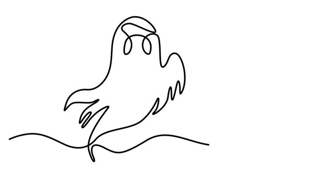 Animated self drawing of Continuous line drawing of a cute ghost isolated on white background. Full length one line animation. 4K video