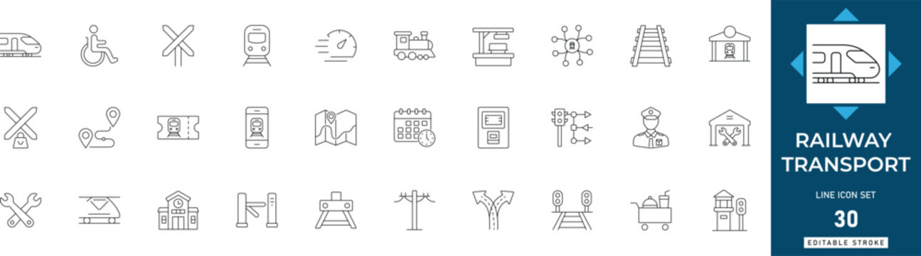 Railway transport line icon set featuring train, travel, subway, metro, logistics, transit, ticket. Professional editable vector illustration for transport app and UI UX design.
