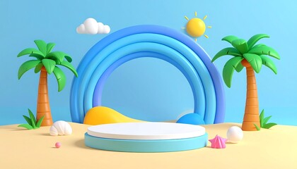Obraz premium A 3D illustration of a serene beach scene with a rainbow, palm trees, and a round podium on sandy shore