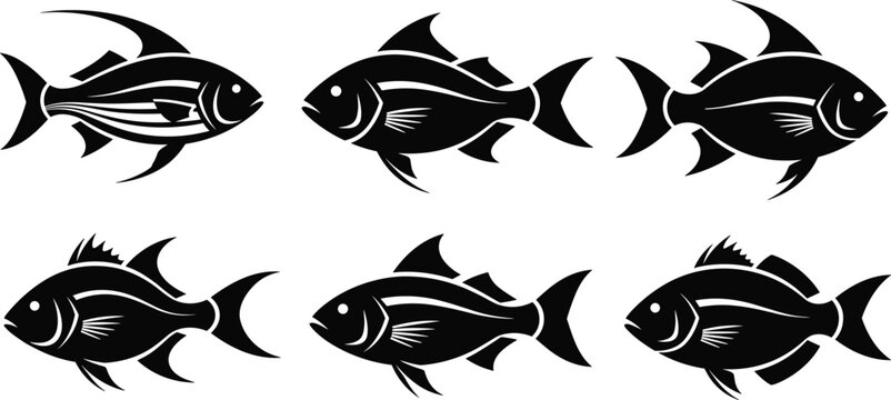 Tropical Exotic Fish Silhouette Icon Set Featuring Detailed Long Fin Bream and Ocean Vector Illustrations