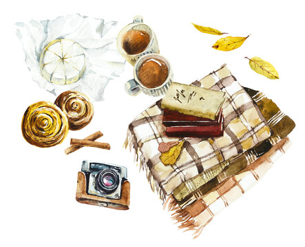 Plaid, camera, two croissants, mug, candle, books,oak leaves. Watercolor clipart autumn time