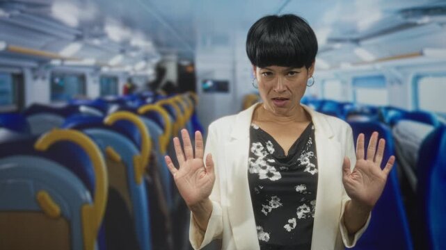 Woman with palms raised and hands open in a crowded train carriage inside a building; defensiveness caution.