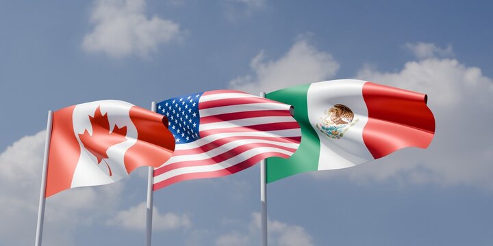 Canada United States and Mexico flags waving together against blue sky background.