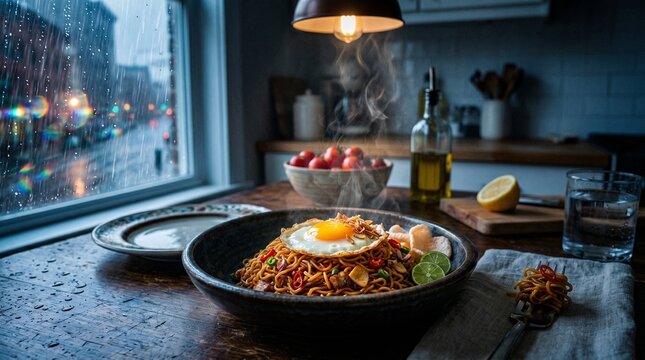 indomie goreng atau mie goreng, yang di masak dengan bumbu khas di beri topping telur mata sapi/telur dadar dan di beri kerupuk , serta di beri taburan bawang goreng di makan di waktu masih hangat