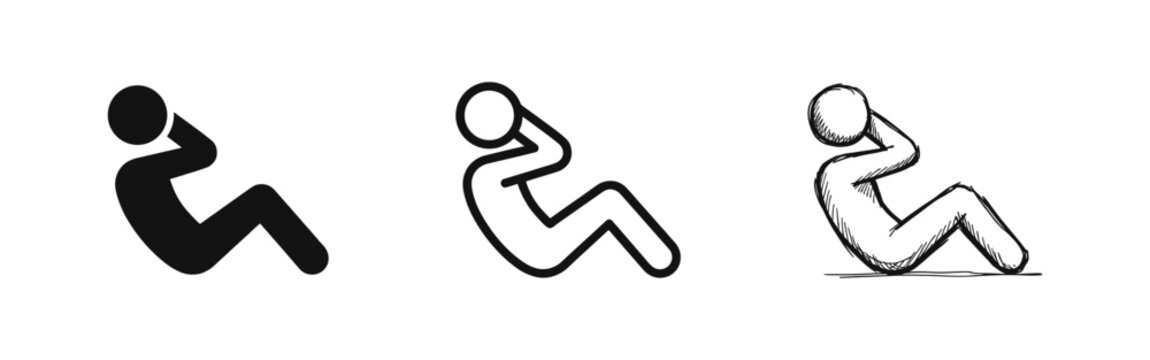 Fitness Crunches Exercise Icon Set with Stick Figure in Three Styles