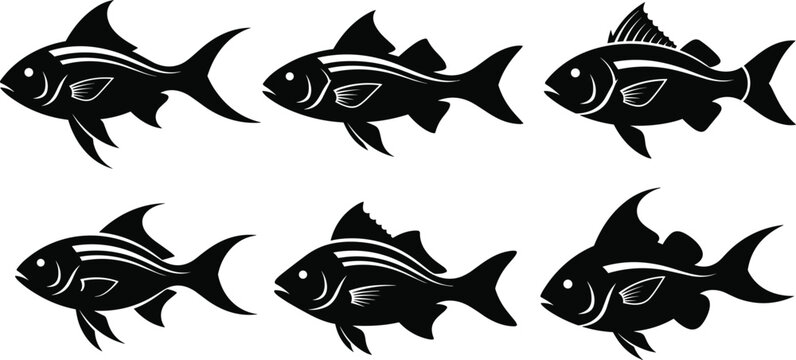 Tropical Sea Fish Silhouette Icon Set Featuring Detailed Stripes Marine Bream and Ocean Vector Illustrations