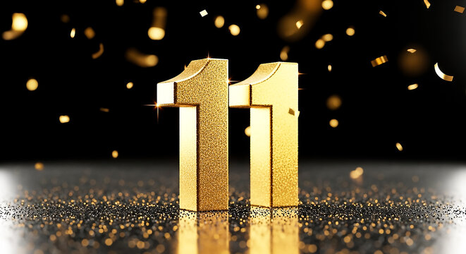 Striking golden 3D number eleven on a dark glittery backdrop with floating confetti particles for a festive, celebratory look.