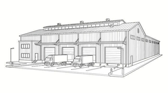 Line drawing of a large industrial warehouse with multiple loading docks and semi-trucks parked for shipping and receiving operations.