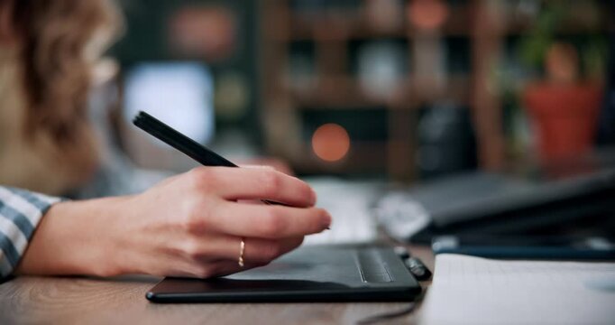 Hands, writing and woman at house with tablet, research and drawing sketch for logo design. Female person, editing and graphic designer with stylus, digital artwork and creativity for cartoon project