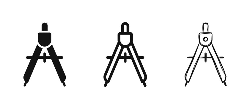 Drawing compass icon set in flat, outline, and sketch styles