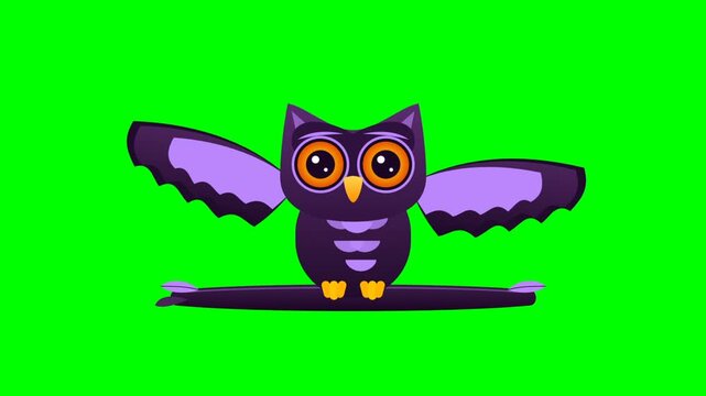 Animated Purple Owl with Spreading Wings on Green Screen Background.