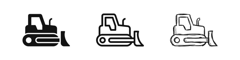 Bulldozer construction vehicle icon set in flat, outline, and sketch styles © drawing lines