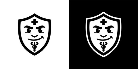 Fototapeta premium Black and white shield logo with a medical cross and caduceus symbol