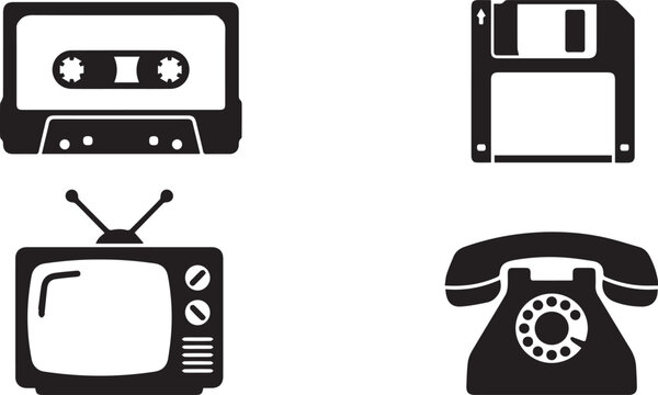 Retro technology icons including cassette tape, floppy disk, old television, and rotary phone