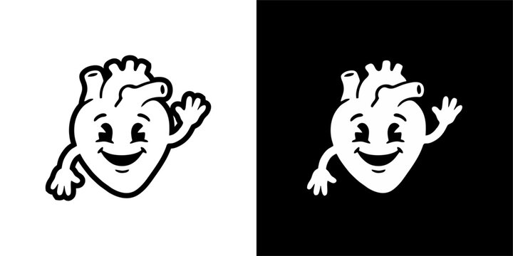 A smiling cartoon heart with hands waving on white and black backgrounds
