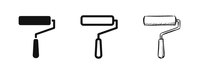 Paint roller icon set for home renovation in solid, outline, and hand-drawn sketch styles © drawing lines