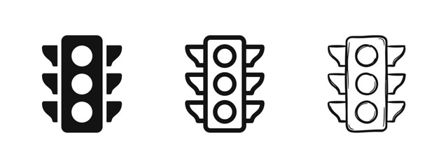 Traffic light icon set for road safety and signals in solid, outline, and hand-drawn sketch styles © drawing lines