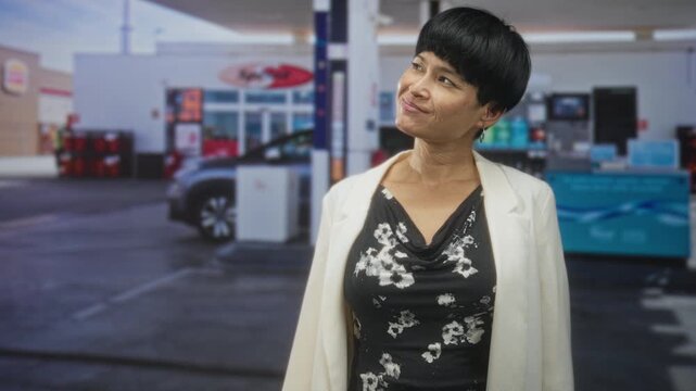 Woman tilting head by a gas pump on street, eyes closed and slight smile, wearing white jacket and black floral blouse; calm reflection.