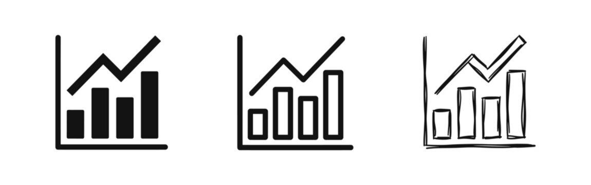 Business bar chart icon set with growth arrow in solid, outline, and hand-drawn sketch styles