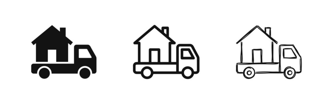 Moving truck with house icon set for relocation in solid, outline, and hand-drawn sketch styles