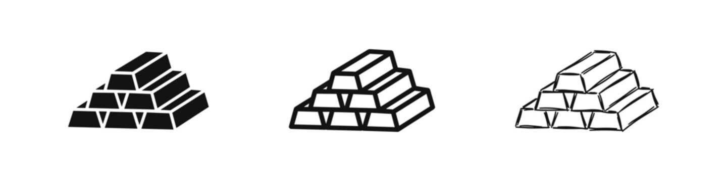 Gold bars stack icon collection in three artistic styles: solid, line art, and hand-drawn sketch