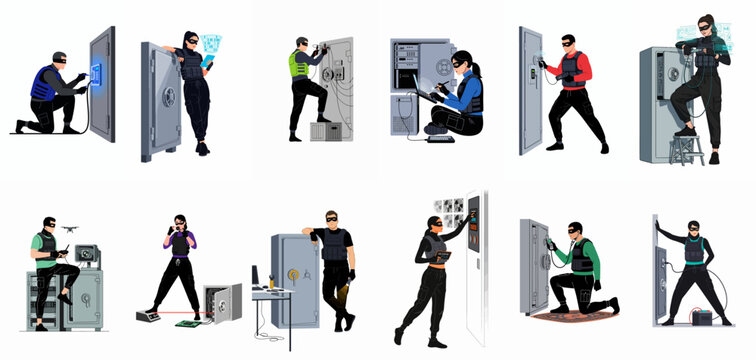A comprehensive set of illustrations depicting male and female high-tech burglars and hackers professionally cracking various bank safes and advanced security systems.