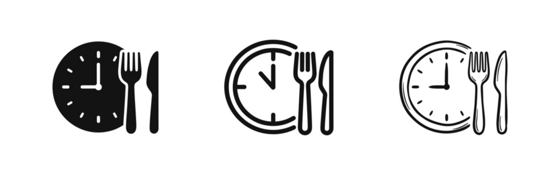 Meal time clock with cutlery icons set in solid, outline, and sketch styles for lunch break and diet concepts