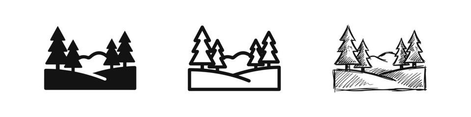 Forest landscape with pine trees icons set in solid, linear, and sketchy styles for nature and travel themes © drawing lines