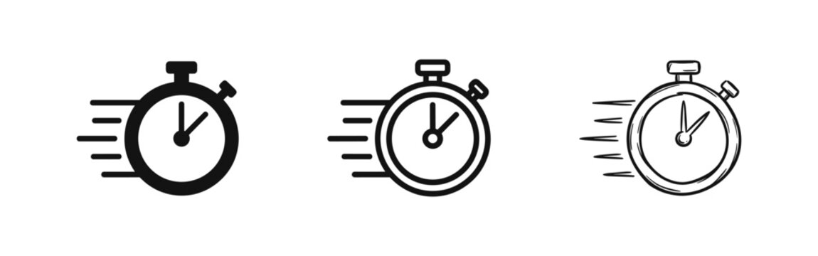 Fast Speed Stopwatch Timer Icon Set in Flat, Outline and Hand-Drawn Styles