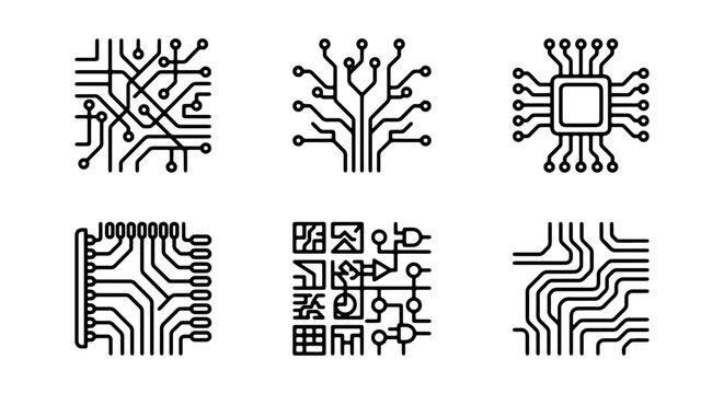 Circuit Board Icons, Technology Graphics, Digital Data Flow, Computer Chip Symbols, Electronic Components, Network Connections, Vector Art